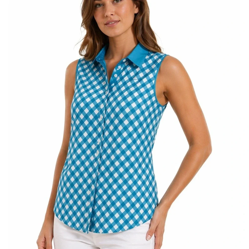 Kate Spade Size 8 Fey‎ Top Blue Silk Blend Gingham Golf Polo Tennis Preppy NEW